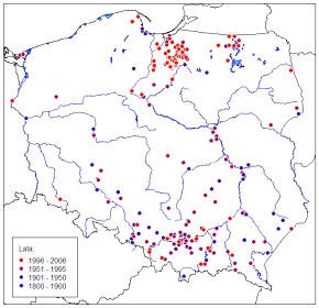 Stanowiska pachnicy w Polsce (wg Oleksa i in. 2003, Szwałko 2004 oraz niepublikowanych danych własnych)