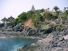 Brzegi wyspy to najczęściej wulkaniczne skały schodzące prosto do morza. Palma na stoku to endemit - daktylowiec kanaryjski.